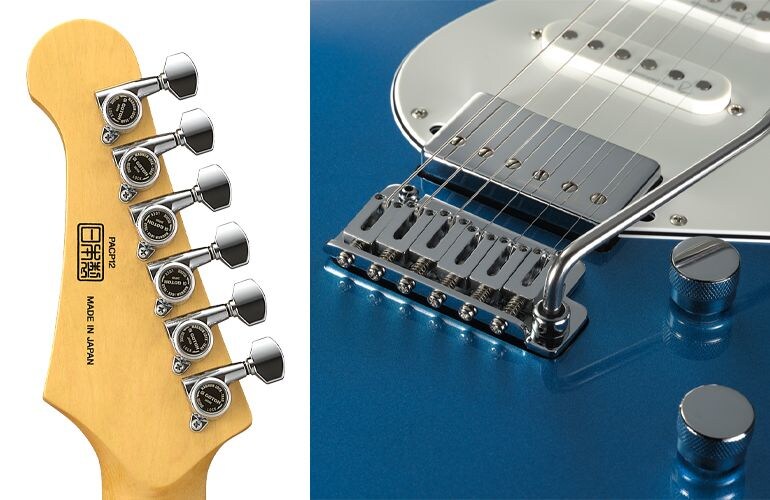 Professional Close-ups: Gotoh locking tuners on back of headstock and Gotoh two-point tremelo bridge.