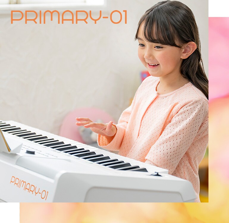 Child enjoying playing the PRIMARY-01 keyboard while reading textbook