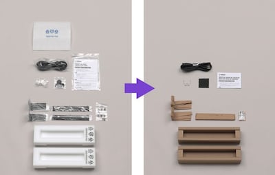 Picture showing previous packaging using plastic bags and Styrofoam, and new packaging with less plastic and cardboards instead of Styrofoam as cushioning.